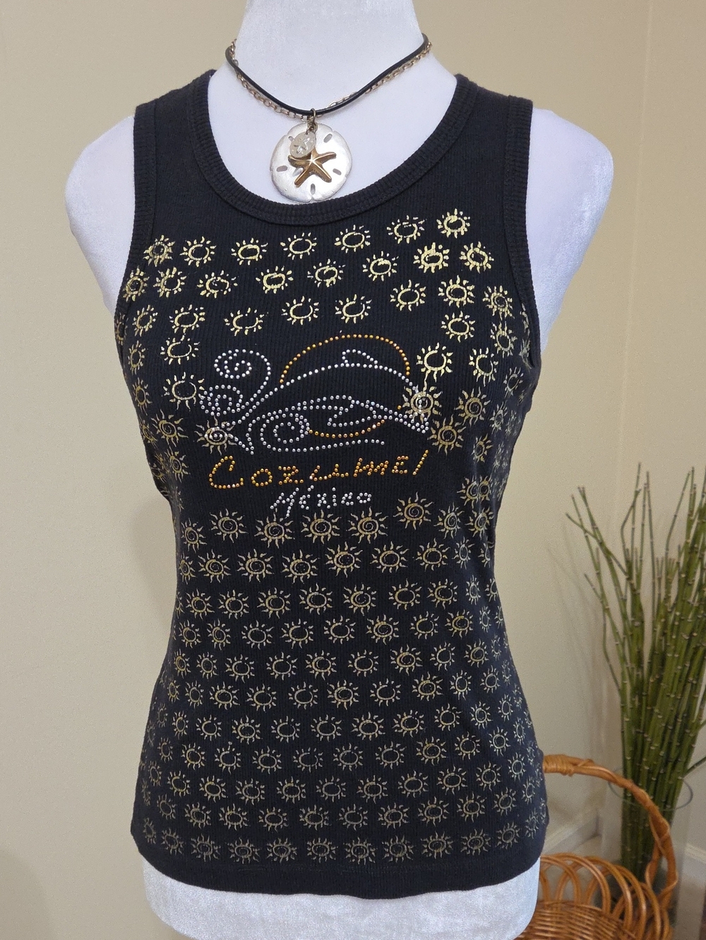 Black Tank Top with Gold Sun Studded Dolphin Wave Detail Cozumel MEXICO Size L